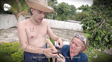 Grandma has bad intentions and convinces gardener to let her fuck him in the ass with the strap-on
