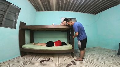 Adultery in the bunk bed, girlfriend upstairs, friend downstairs, boyfriend in the middle of the adultery