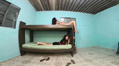 Adultery in the bunk bed, girlfriend upstairs, friend downstairs, boyfriend in the middle of the adultery