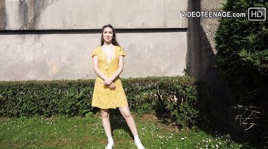 Lovely 18 year brunette with no panties under her dress outdoor