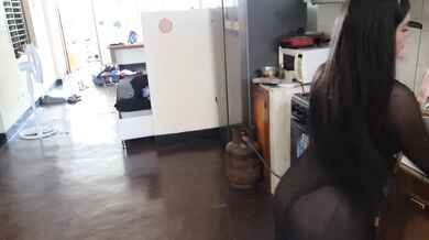 Mexican stepmother with a big ass masturbates in the kitchen