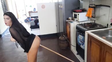 Mexican stepmother with a big ass masturbates in the kitchen