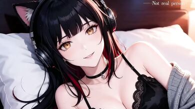 A sexy girl with black and red hair, performing an extremely difficult pose. Perfect oral sex, deep throat , Episode Two, AI-generated