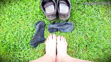 Sweaty Stinky Dirty Mowing Socks and Tennis Shoes for You to Cum Worship - Let Me Put My Smelly Feet in Your Face