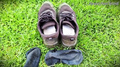 Sweaty Stinky Dirty Mowing Socks and Tennis Shoes for You to Cum Worship - Let Me Put My Smelly Feet in Your Face