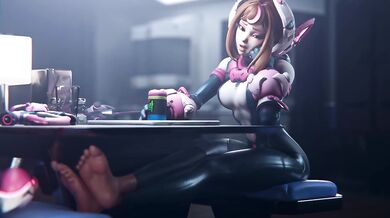 my hero academia overwatch juno (overwatch) barefoot 1girls ass brown hair cosplay lying on table uraraka ochako (cosplay)