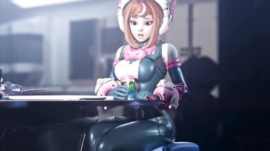 my hero academia overwatch juno (overwatch) barefoot 1girls ass brown hair cosplay lying on table uraraka ochako (cosplay)