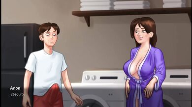 Perverted stepmother climbs on top of the collagen after giving him a handjob with her tits and ends up fucking him - summertime saga