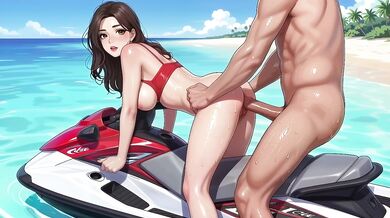 A beautiful woman in a Korean-style comic style, a Korean beauty, on a beautiful seaside motorboat! New style, AI generated