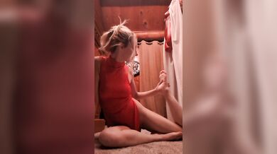 Stretching and Workingout Feet In Red Lingerie Dress