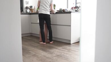 Instead of cooking, we have a hot threesome in the kitchen! Marc fucks her in the ass, I lick his balls! Extremely hot!
