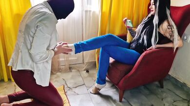 After a long walk in sneakers, my feet are sweaty. It's time for a foot massage from my submissive.