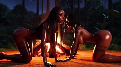 Voluptuous ebony tribal women worship sacred fire on all fours