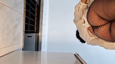 Fishnet-clad secretary begs for deep creampie anal