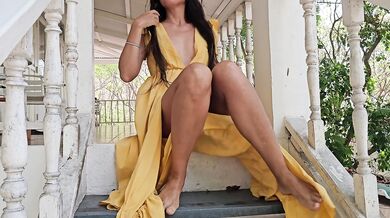 Hairy Pussy CLOSE UP PEE on Public Resort Terrase # Up Dress No Bra No Panties