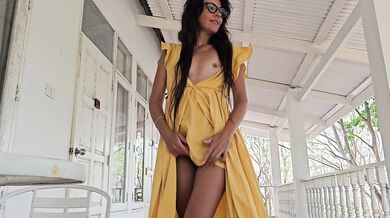 Hairy Pussy CLOSE UP PEE on Public Resort Terrase # Up Dress No Bra No Panties