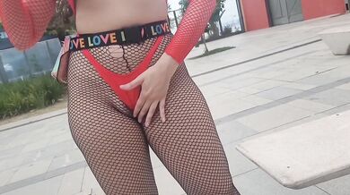 Wife showing off in a micro bikini in the street.