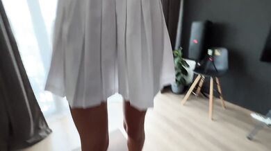 A slutty student gives a striptease to guys, luring them into a hot pussy fuck