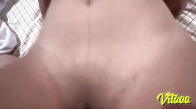 My skinny girl with small breasts masturbates and makes faces of pleasure