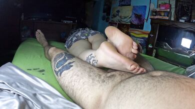 orange flower pedicure footjob cum covered toes