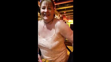 Trashy sub slut presents her panties to her Master and flashes in a busy restaurant