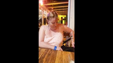 Trashy sub slut presents her panties to her Master and flashes in a busy restaurant