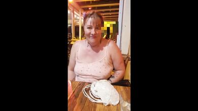 Trashy sub slut presents her panties to her Master and flashes in a busy restaurant