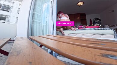 RISKY DOUBLE TOY BALCONY! Petite Redhead Anal & Pussy play
