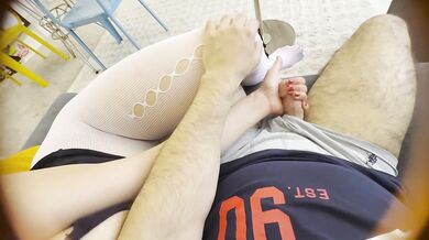 shy step sister's delicate handjob on plush couch