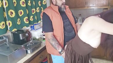 Hot girlfriend kitchen sex while she is busy with dinner