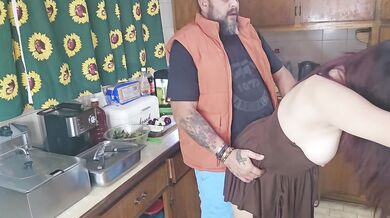 Hot girlfriend kitchen sex while she is busy with dinner