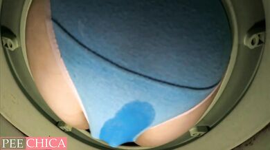 Wet panties with creampie and pee in public toilet