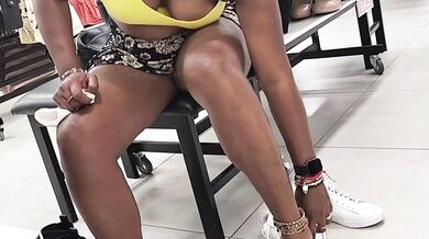 Her Pussy and Cleavage in full view to SHOE STORE Assistant - Upskirt No Panties No Bra