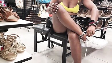 Her Pussy and Cleavage in full view to SHOE STORE Assistant - Upskirt No Panties No Bra