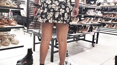 Her Pussy and Cleavage in full view to SHOE STORE Assistant - Upskirt No Panties No Bra