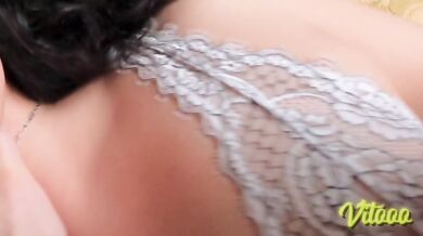 She looks sexy in a white bra while having sex