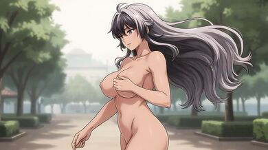 A long-haired young woman running naked in the park