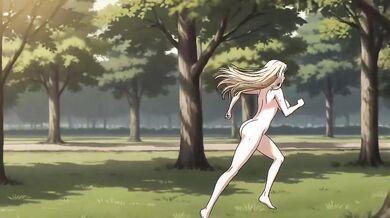 A long-haired young woman running naked in the park