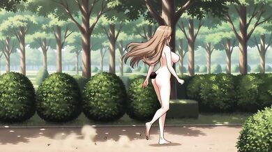 A long-haired young woman running naked in the park