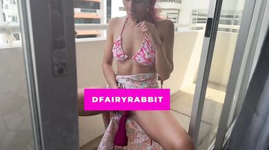 BALCONY RISKS! Petite redhead masturbating outdoors for everyone to see