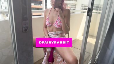 BALCONY RISKS! Petite redhead masturbating outdoors for everyone to see