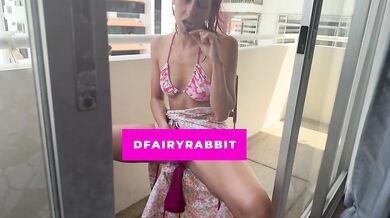 BALCONY RISKS! Petite redhead masturbating outdoors for everyone to see