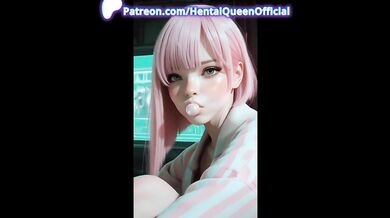 Pink Hair Anime Girl Blowing Bubblegum in Platform Boots – Cyberpunk Hentai Cosplay Tease