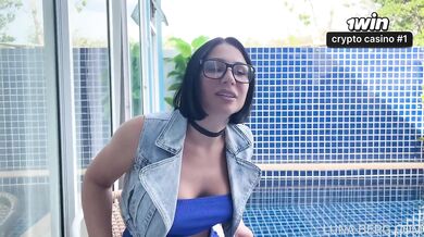 Hotwife MILF Seduced Stranger at Hotel Pool in Blue Dress & Swallowed His Cum
