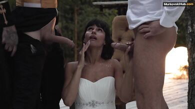 Before the wedding, she wants to be fucked by two cocks