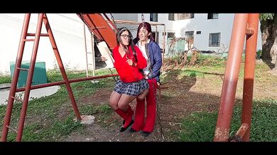 Two beautiful, busty, and curvy college girls have lesbian sex