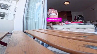RISKY BALCONY 360°! Petite Babe masturbating from every angle