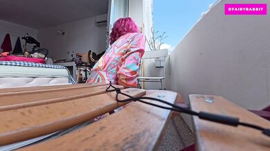 RISKY BALCONY 360°! Petite Babe masturbating from every angle