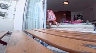 RISKY BALCONY 360°! Petite Babe masturbating from every angle