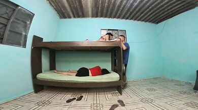 Bunk bed, girlfriend upstairs, friend downstairs, boyfriend in the middle of adultery